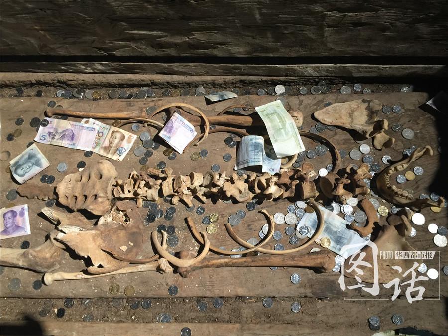 Human remains in museum covered by coins and banknotes thrown by tourists