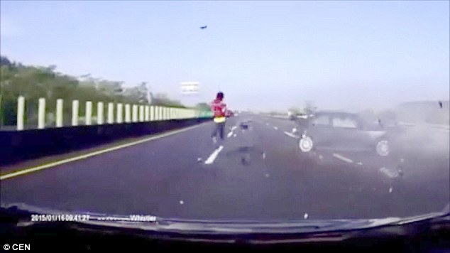 Shocking moment driver flies through car window