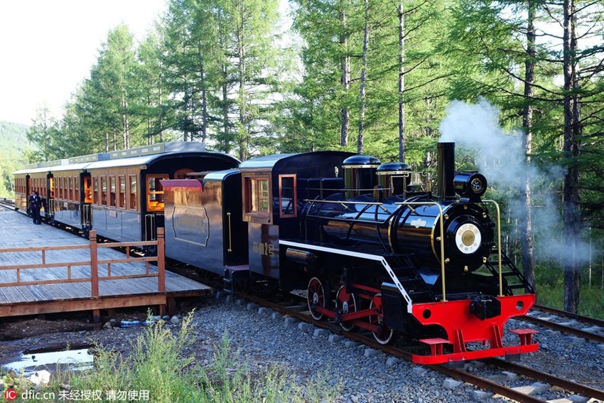 Train rides through blossoms