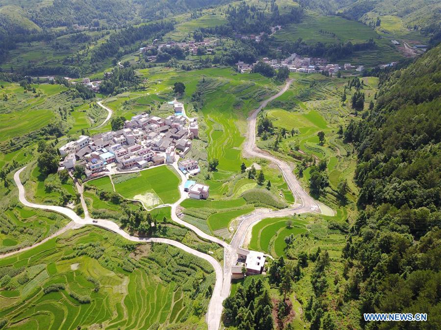 Bird's-eye view of farmland and villages in SW China's Guizhou