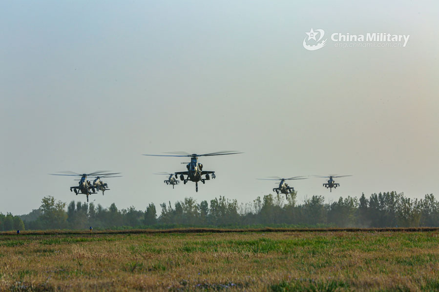 Multi-type attack helicopters hover at low altitude