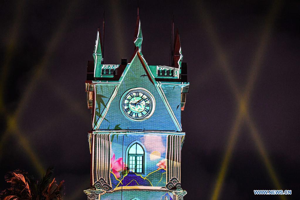 Light show held at bell tower in Haikou, Hainan