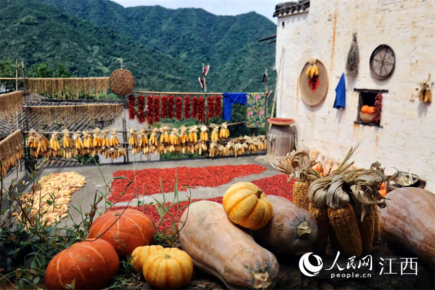Villagers dry crops in the sun in Wuyuan, E China's Jiangxi