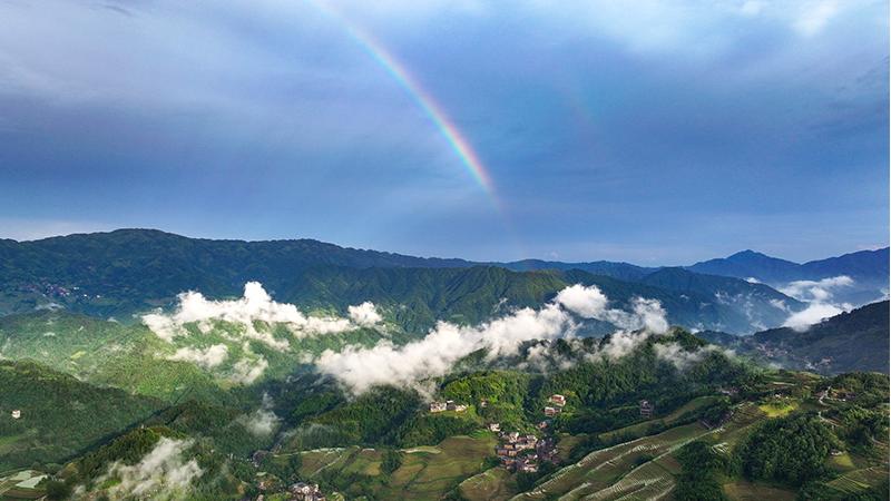 Rainbow appears over Longji Rice Terraces in China's Guangxi