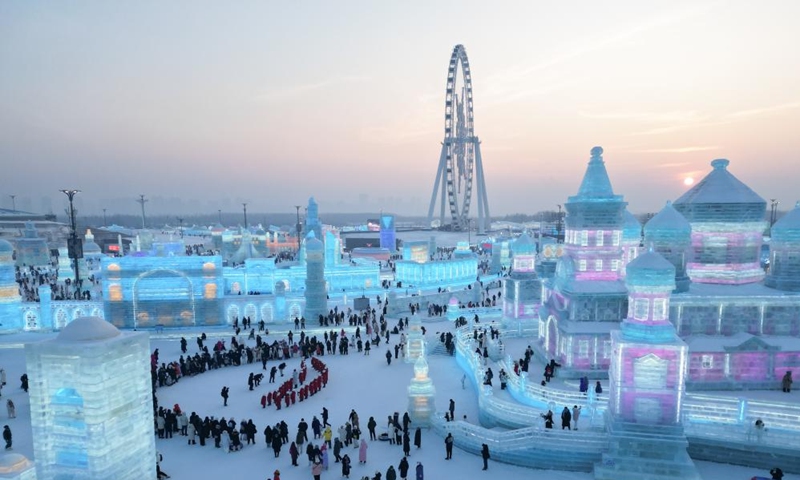 An aerial drone photo shows the view of the Harbin Ice-Snow World in Harbin, northeast China's Heilongjiang Province, on Jan. 12, 2025. Photo: Xinhua