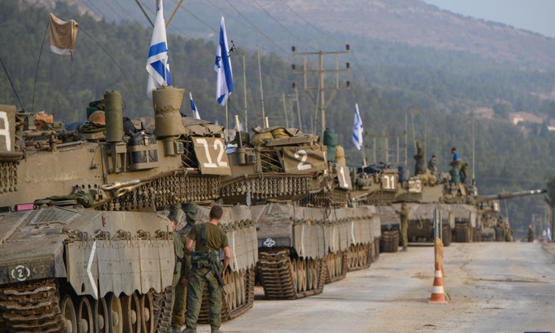 This photo taken on Oct. 11, 2023 shows Israeli army deployed in Upper Galilee of northern Israel.(Photo: Xinhua)