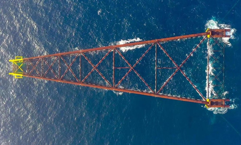 The Haiji-1 deepwater jacket was installed at sea in south China's Guangdong Province. (Photo: the Offshore Oil Engineering Co., Ltd/Xinhua)
