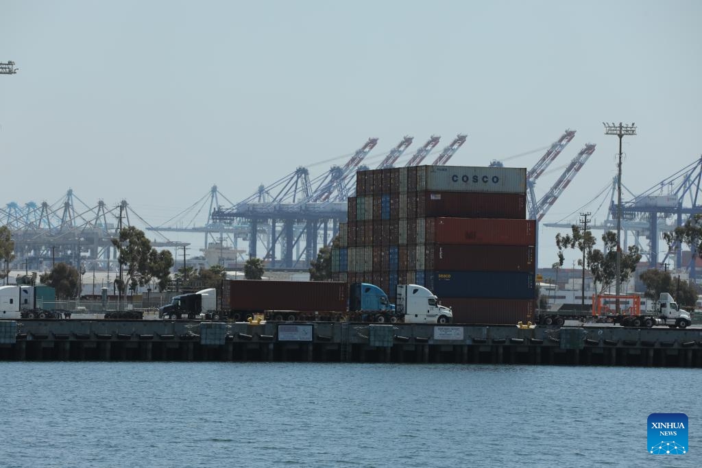 Trucks and containers are pictured at the Port of Los Angeles, California, the United States, on April 29, 2025. (Photo: Xinhua)