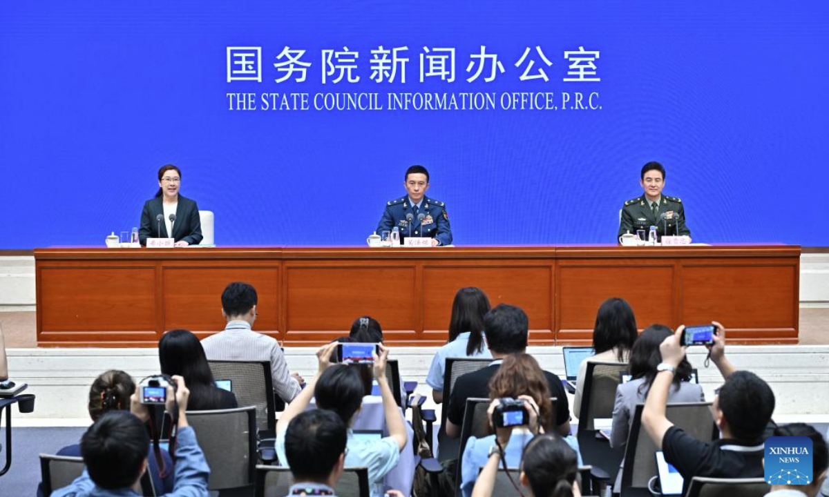 A press conference on V-Day military parade preparations is held by the State Council Information Office in Beijing, capital of China, Aug. 20, 2025. (Xinhua/Li Xin)