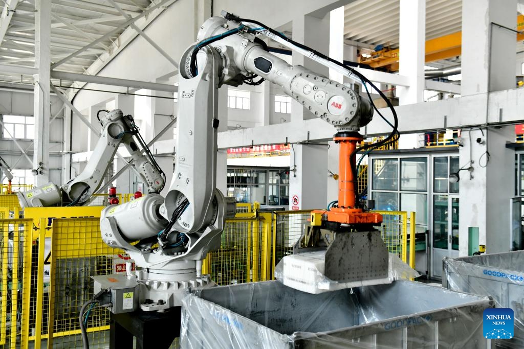 Robots package butyl rubber products at a workshop in Binzhou, east China's Shandong Province, Feb. 26, 2025. Binzhou City is a major hub for private enterprises. In recent years, the city has fostered the development of private economy through comprehensive and end-to-end services. (Photo: Xinhua)